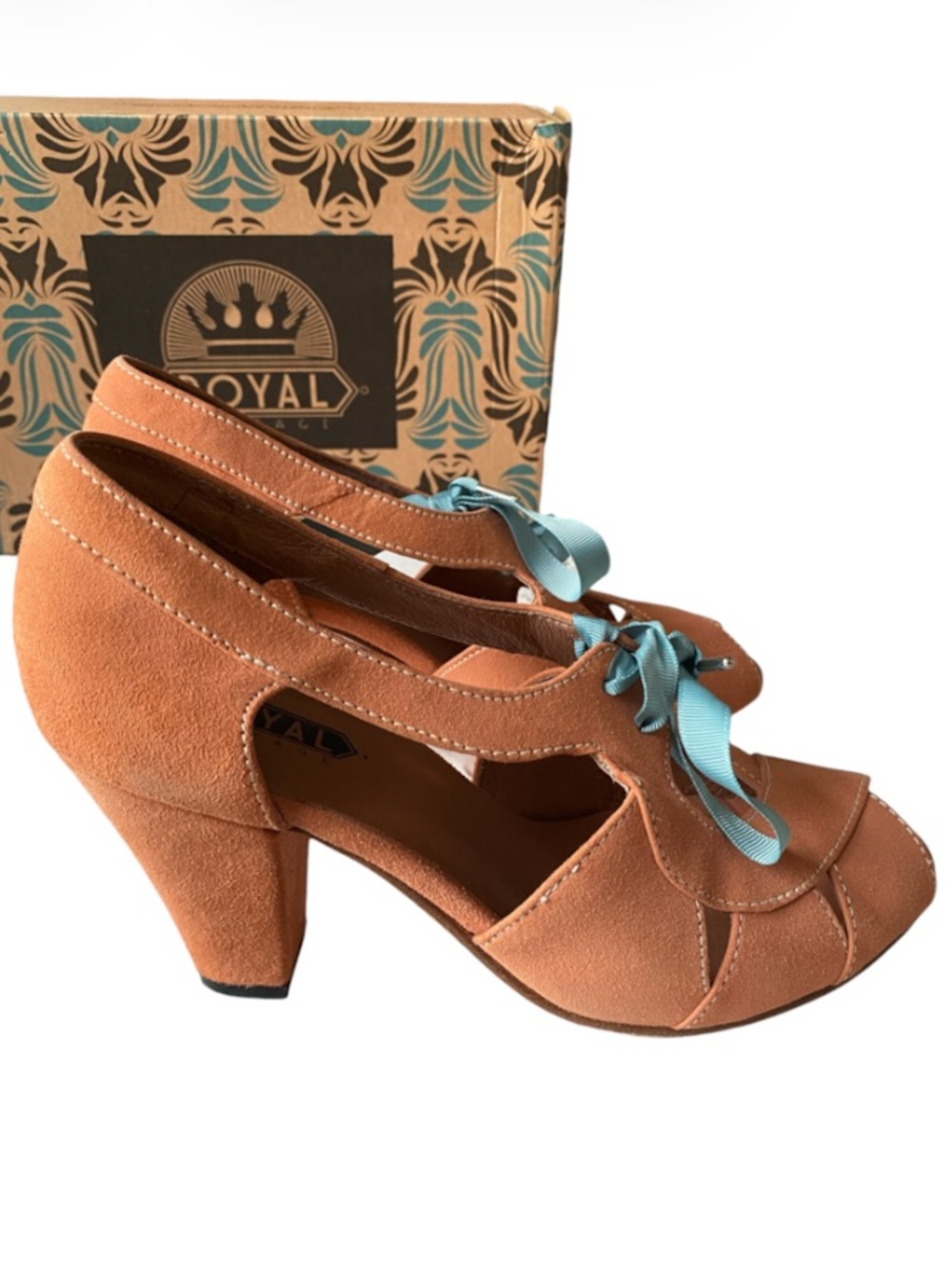 American Duchess Royal Vintage Coral Shoes Suede Sz 10 Cuban heel 1940s in Box